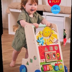 Wooden Activity Push Walker - Green Handle, Multi-Color Play Panel